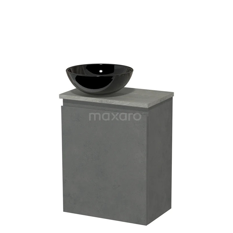 Toilet unit with countertop wash basin | 41 cm Dark grey concrete Handleless front High-gloss black Ceramic worktop Grey oak worktop TMK10-14134