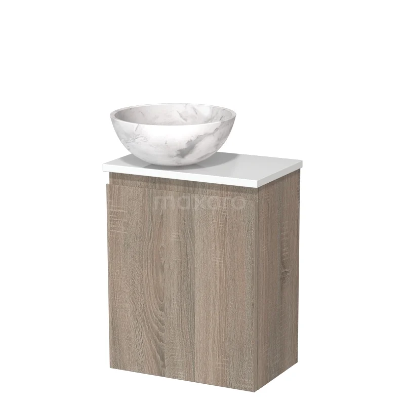 Toilet unit with countertop wash basin | 41 cm Oak Handleless front White marble Natural stone countertop wash basin High-gloss white worktop TMK10-14217