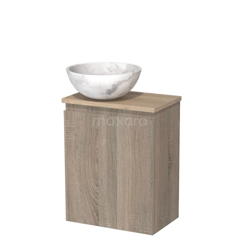 Toilet unit with countertop wash basin | 41 cm Oak Handleless front White marble Natural stone countertop wash basin Light brown oak worktop TMK10-14321