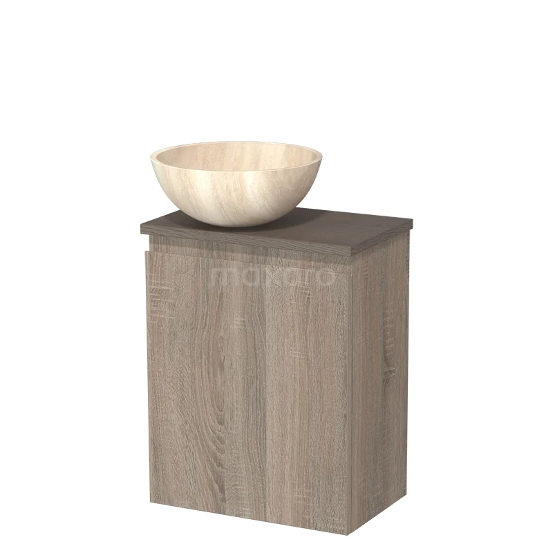 Toilet unit with countertop wash basin | 41 cm Oak Handleless front Travertine Natural stone countertop wash basin Dark brown oak worktop TMK10-14346