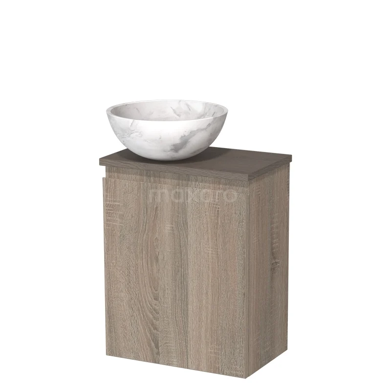Toilet unit with countertop wash basin | 41 cm Oak Handleless front White marble Natural stone countertop wash basin Dark brown oak worktop TMK10-14347