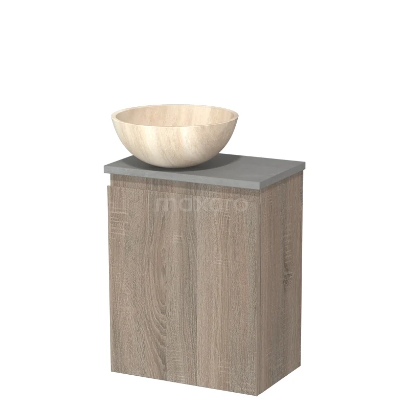 Toilet unit with countertop wash basin | 41 cm Oak Handleless front Travertine Natural stone basin Light grey concrete fronts Light grey oak TMK10-14373