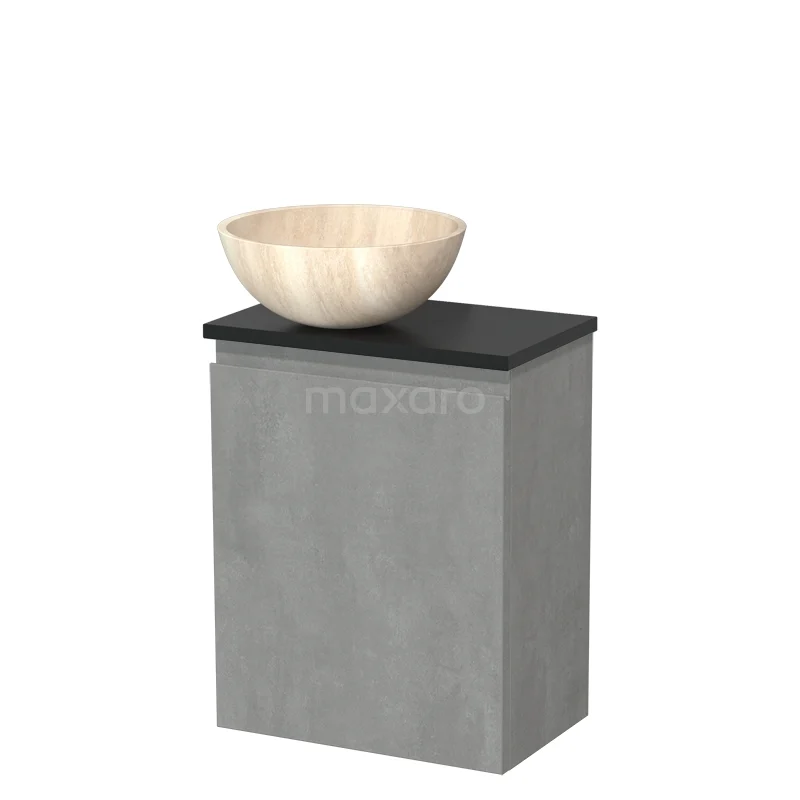 Toilet unit with wash basin | 41 cm Light grey concrete Handleless front Travertine Natural stone Countertop wash basin Matte black worktop TMK10-14399