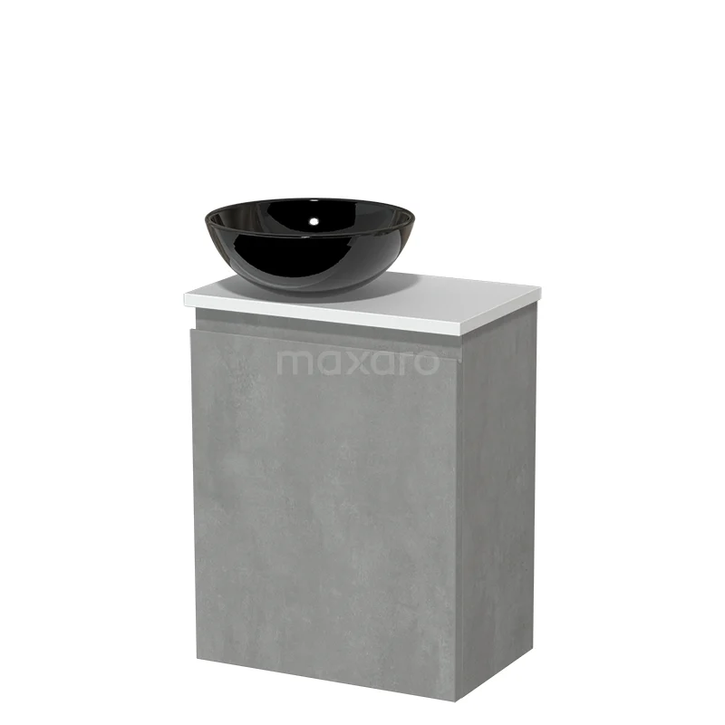 Toilet unit with countertop wash basin | 41 cm Light grey concrete Handleless front High-gloss black Ceramic wash basin Matte white worktop TMK10-14448