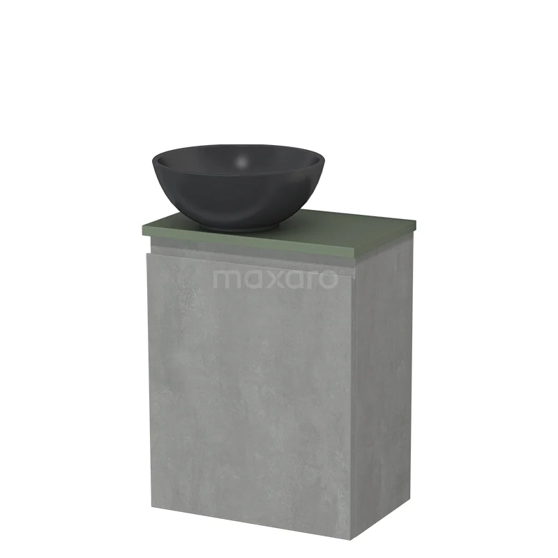 Toilet unit with countertop wash basin | 41 cm Light grey concrete Handleless front Matte black Quartz wash basin Sage green worktop TMK10-14471