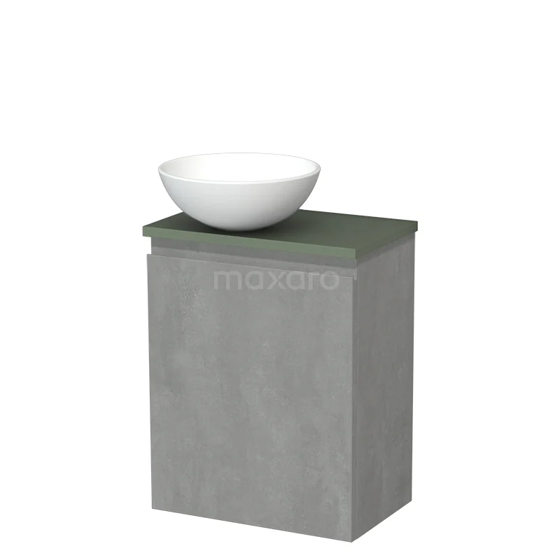 Toilet unit with wash basin | 41 cm Light grey concrete Handleless front Matte white Ceramic wash basin Sage green worktop TMK10-14472