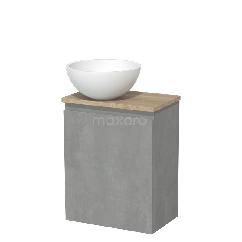 Toilet unit with countertop wash basin | 41 cm Light grey concrete Handleless front Matte white Solid surface wash basin Light brown oak worktop TMK10-14533