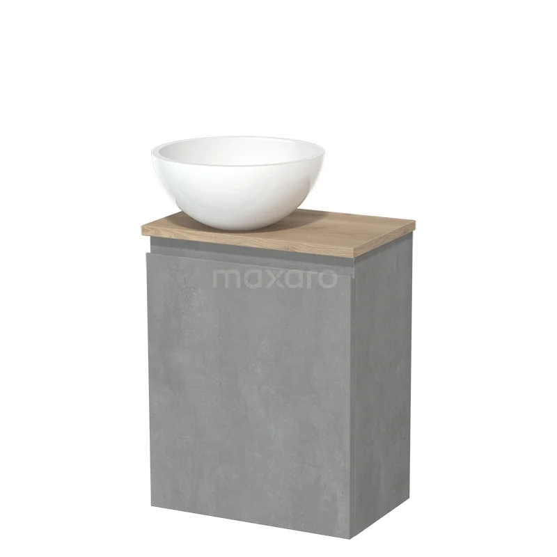 Toilet unit with countertop wash basin | 41 cm Light grey concrete Handleless front High-gloss white Mineral marble basin Light brown oak worktop TMK10-14534