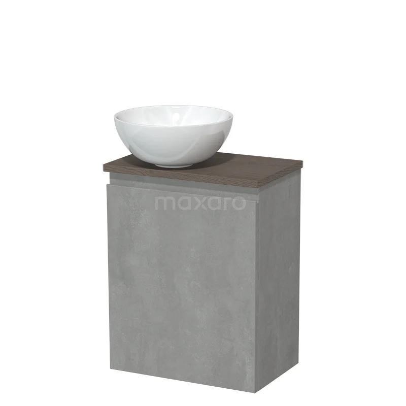 Toilet unit with countertop wash basin | 41 cm Light grey concrete Handleless front High-gloss white Ceramic worktop Dark brown oak fronts TMK10-14558