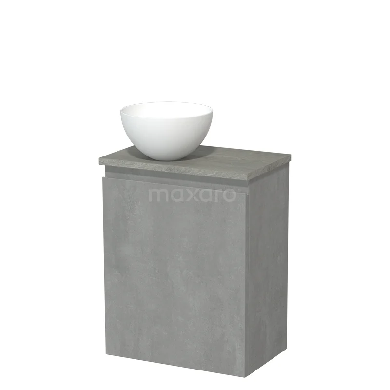 Toilet unit with countertop wash basin | 41 cm Light grey concrete Handleless front Matte white Solid surface basin Grey oak worktop TMK10-14580