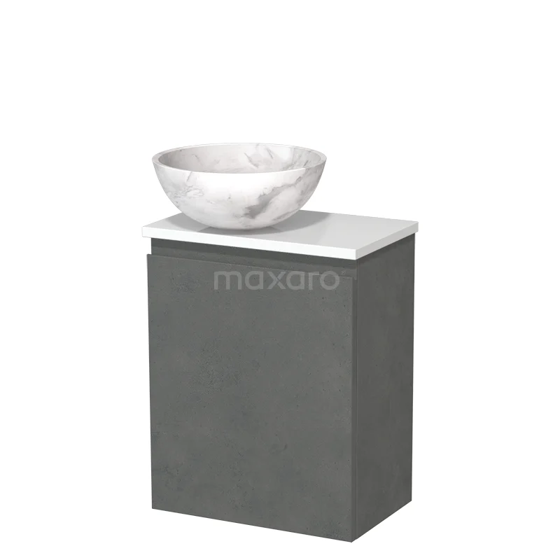Toilet unit with countertop wash basin | 41 cm Dark grey concrete Handleless front White marble Natural stone wash basin High-gloss white worktop TMK10-14661