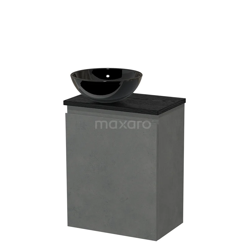 Toilet unit with countertop wash basin | 41 cm Dark grey concrete Handleless front High-gloss black Ceramic basin Black oak worktop TMK10-14709
