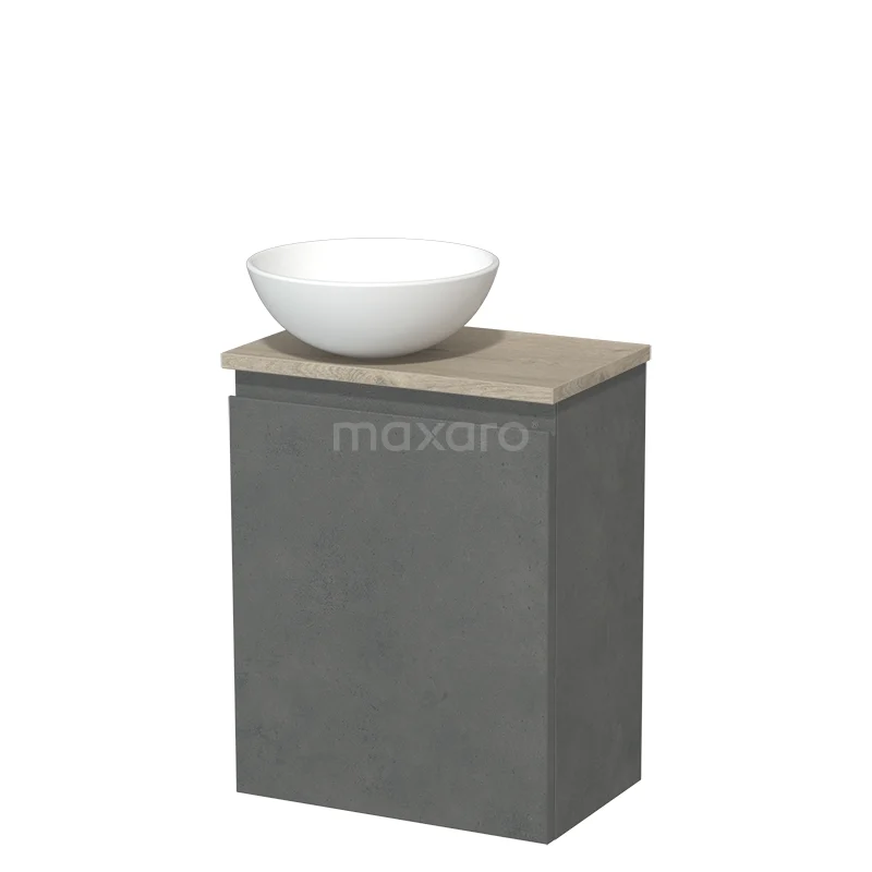 Toilet unit with countertop wash basin | 41 cm Dark grey concrete Handleless front Matte white Ceramic basin Light grey oak worktop TMK10-14746