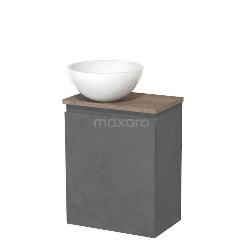Toilet unit with countertop wash basin | 41 cm Dark grey concrete Handleless front High-gloss white Mineral marble basin Mid brown oak worktop TMK10-14769