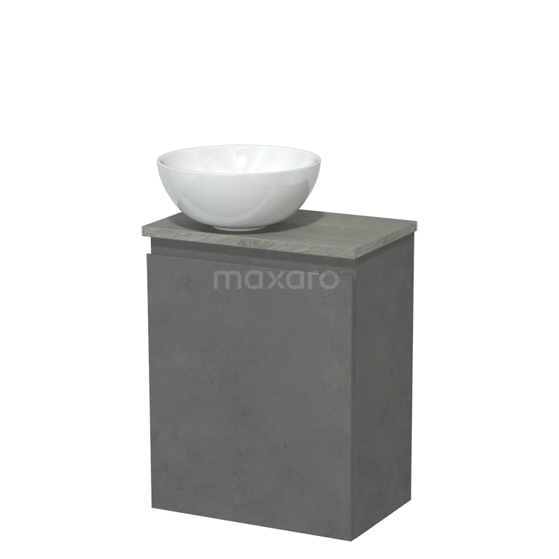 Toilet unit with countertop wash basin | 41 cm Dark grey concrete Handleless front High-gloss white Ceramic wash basin Grey oak worktop TMK10-14793