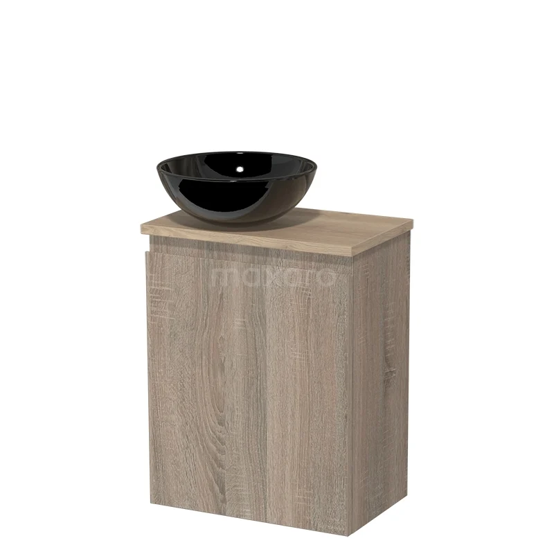 Toilet unit with countertop wash basin | 41 cm Oak Handleless front High-gloss black Ceramic basin Light brown oak worktop TMK10-14983
