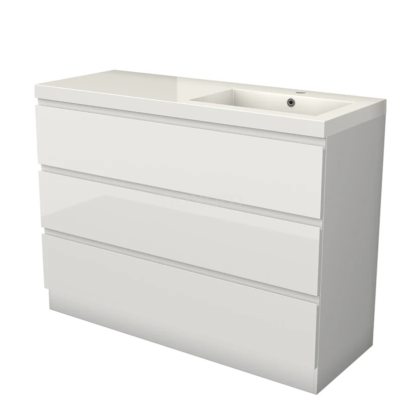 Modulo Vanity units with basin | 120 cm High-gloss white Handle-less front Mineral marble 3 standing drawers BMW19S-00614