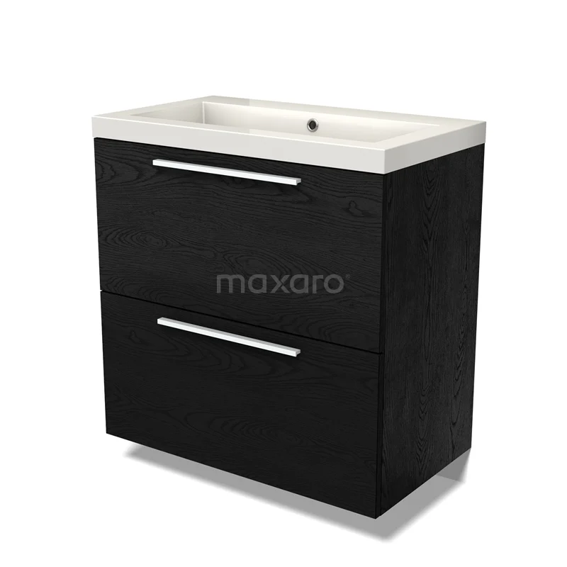 Modulo Vanity units with basin | 80 cm Black oak Flat front Mineral marble 2 stacked drawers under each other BMW13-01434