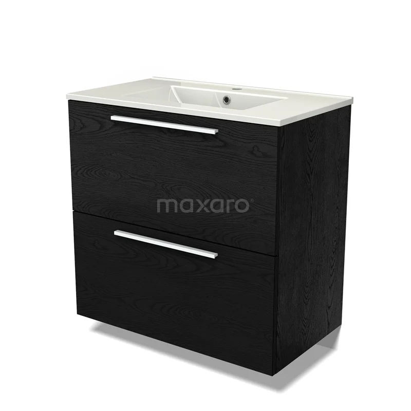 Modulo Vanity units with basin | 80 cm Black oak Flat front Ceramic 2 stacked drawers under each other BMW13-01445
