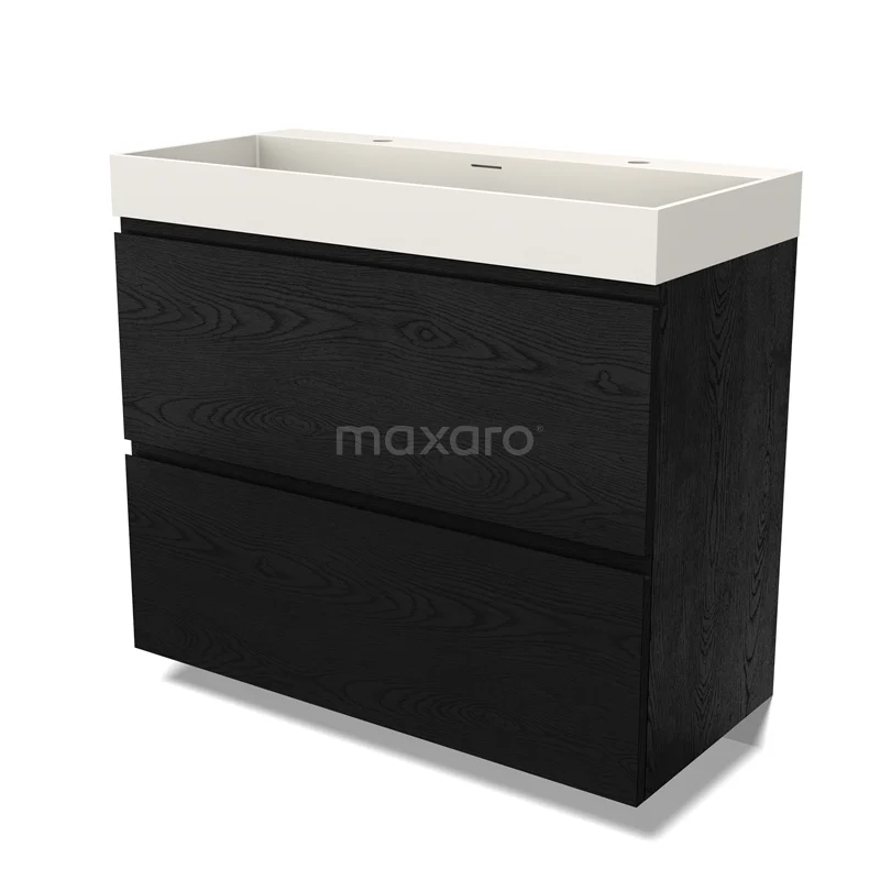 Modulo Vanity units with basin | 100 cm Black oak Handle-less front Solid surface 2 stacked drawers under each other BMW13-01496