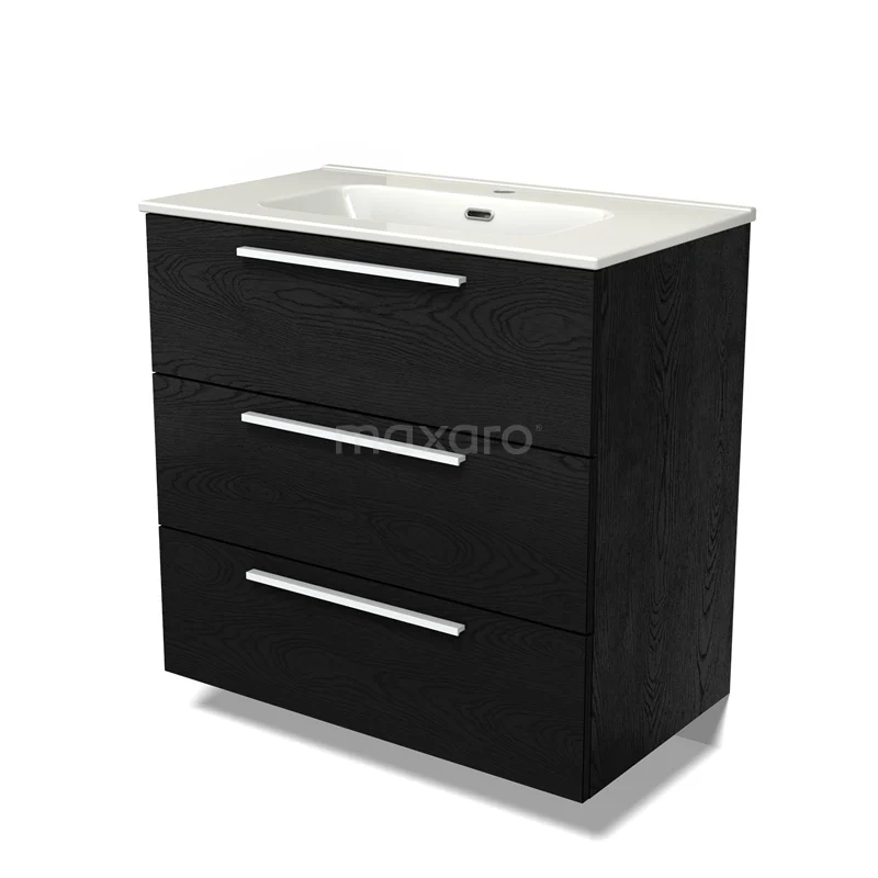 Modulo Vanity units with basin | 80 cm Black oak Flat front Ceramic 3 drawers BMW19-02617