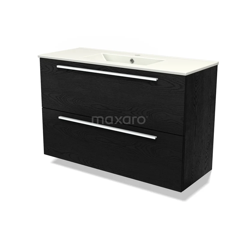 Modulo Slim Vanity units with basin | 100 cm Black oak Flat front Ceramic 2 Stacked drawers BMW37-00868