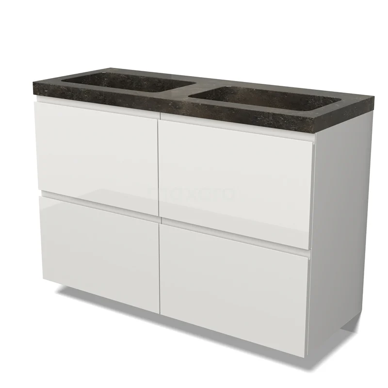 Modulo Vanity units with basin | 120 cm High-gloss white Handle-less front Natural stone 4 high drawers BMW14-00723