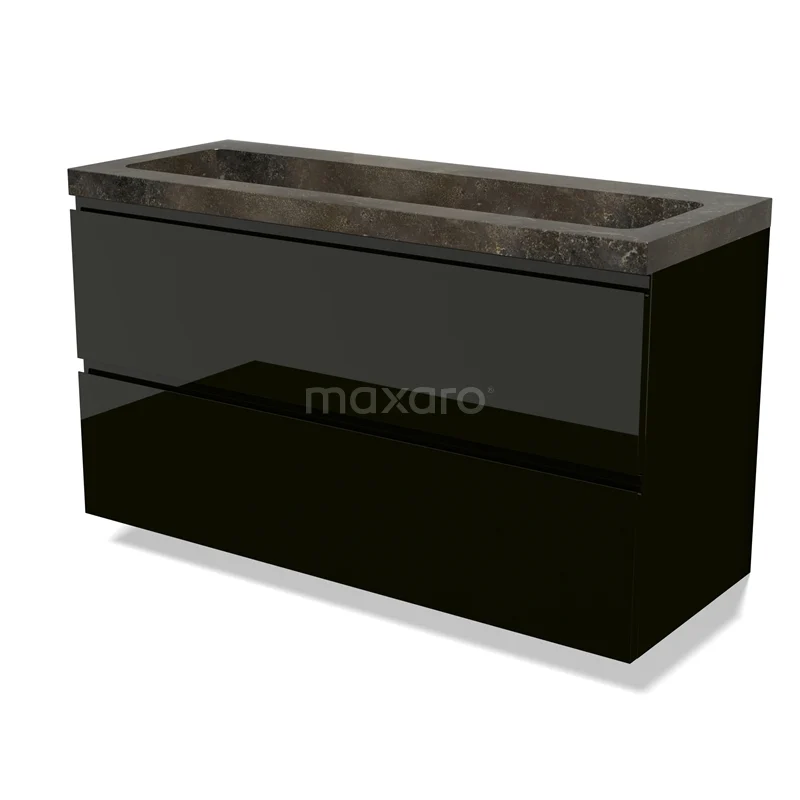 Modulo Vanity units with basin | 120 cm High-gloss black Handle-less front Natural stone 2 Stacked drawers BMW17-04869