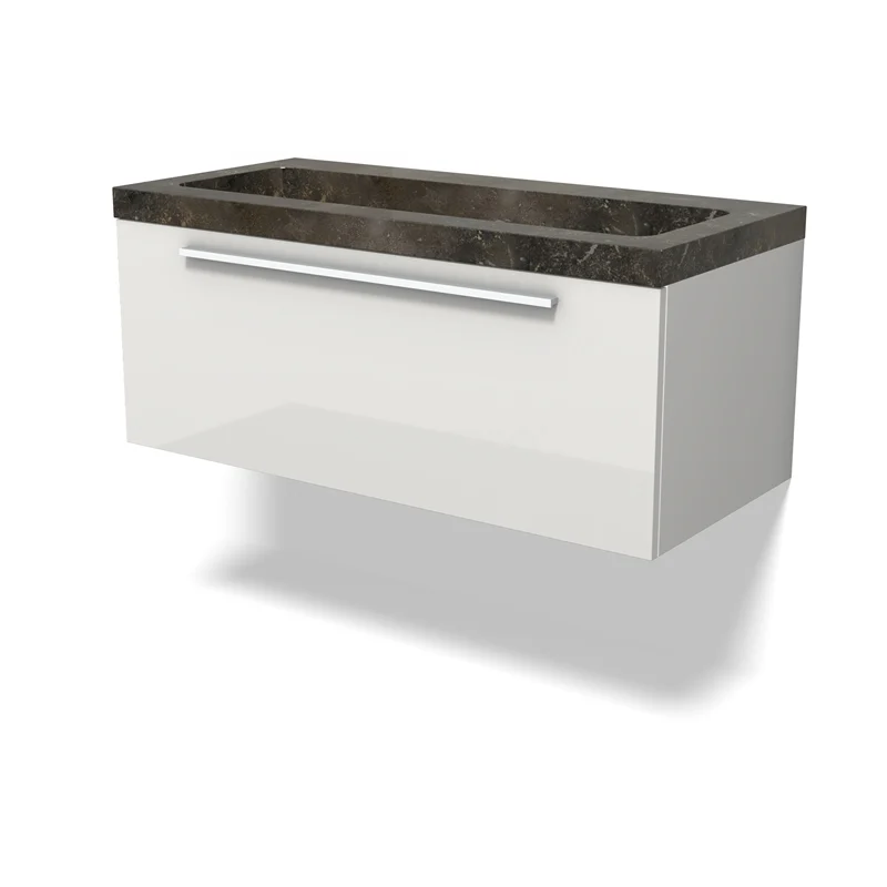 Modulo Vanity units with basin | 100 cm High-gloss white Flat front Natural stone 1 drawer BMW11-04651