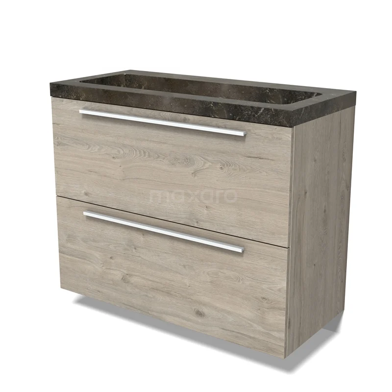 Modulo Vanity units with basin | 100 cm Light grey oak Flat front Natural stone 2 stacked drawers under each other BMW13-01524