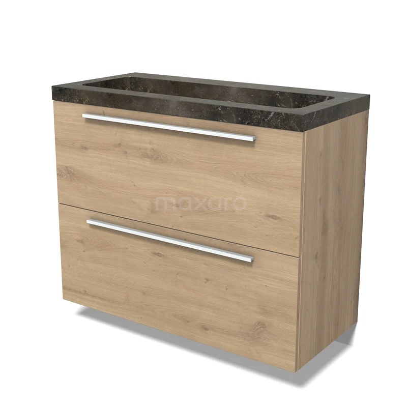 Modulo Vanity units with basin | 100 cm Light brown oak Flat front Natural stone 2 stacked drawers under each other BMW13-01526
