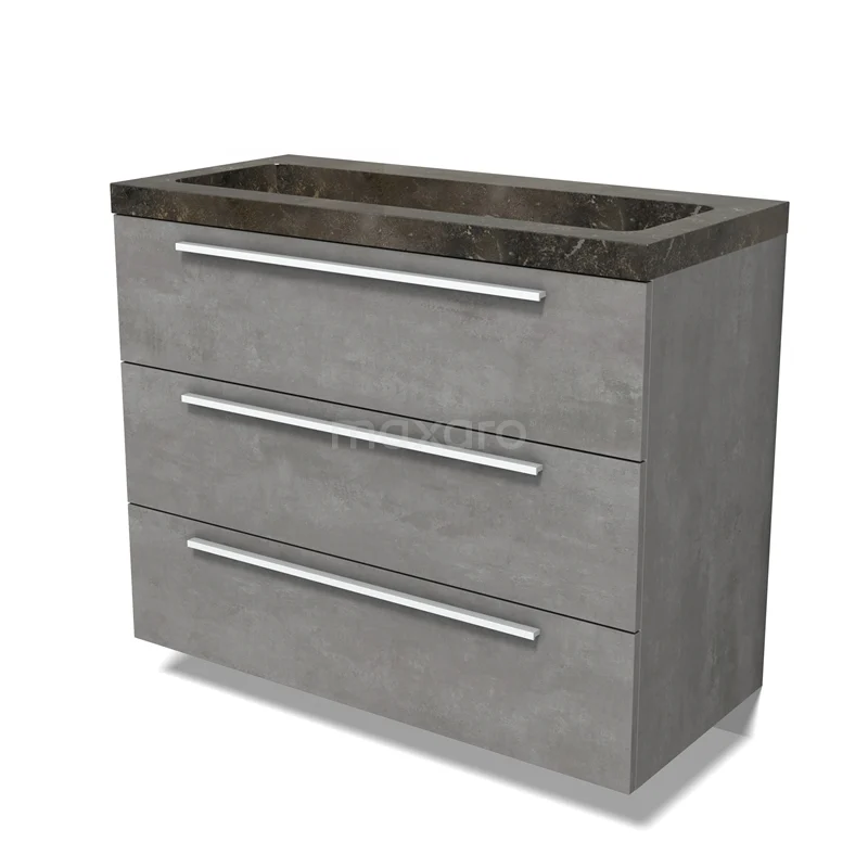 Modulo Vanity units with basin | 100 cm Light grey concrete Flat front Natural stone 3 drawers BMW19-02763