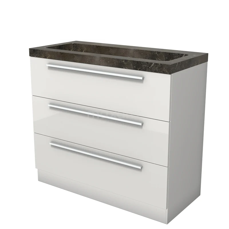 Modulo Bathroom furniture with sink | 100 cm High-gloss white Flat front Natural stone 3 standing drawers BMW19S-00621 Modulo Bathroom furniture with sink | 100 cm High-gloss white Flat front Natural stone 3 standing drawers BMW19S-00621