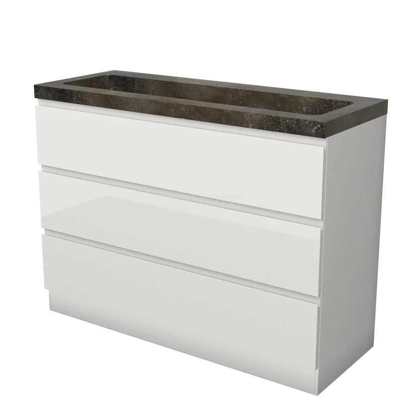 Modulo Vanity units with basin | 120 cm High-gloss white Handle-less front Natural stone 3 standing drawers BMW19S-00632