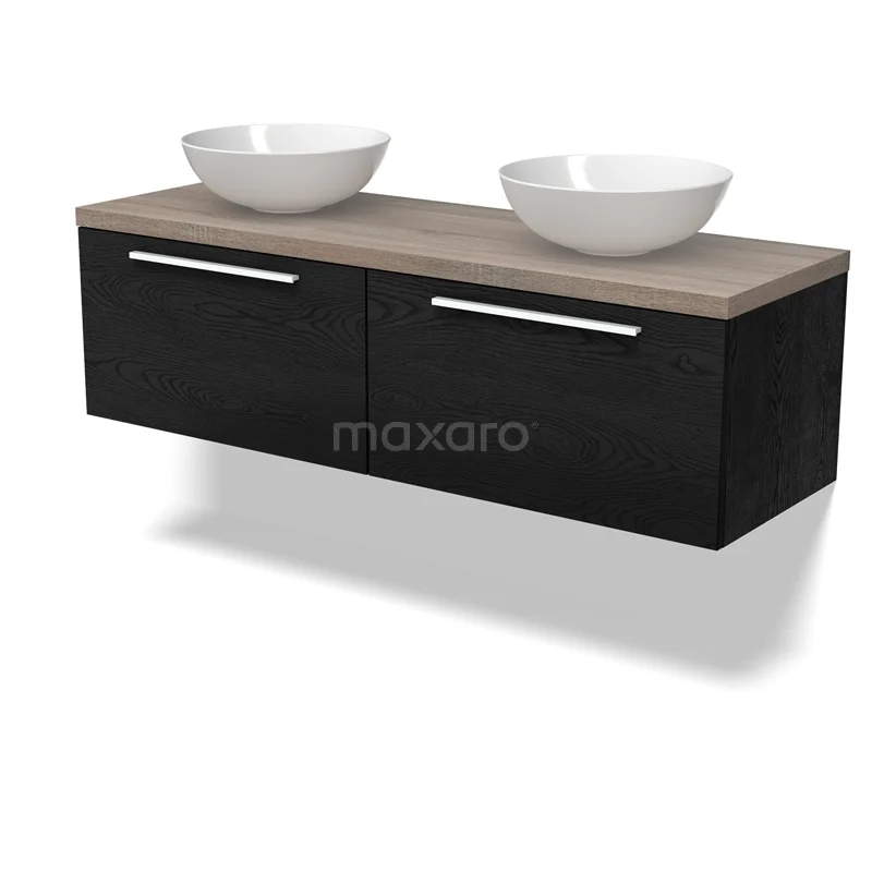 Modulo Plato Vanity units for countertop basin | 140 cm Black oak Flat front Oak worktop 2 Side-by-side drawers BMK12-02000