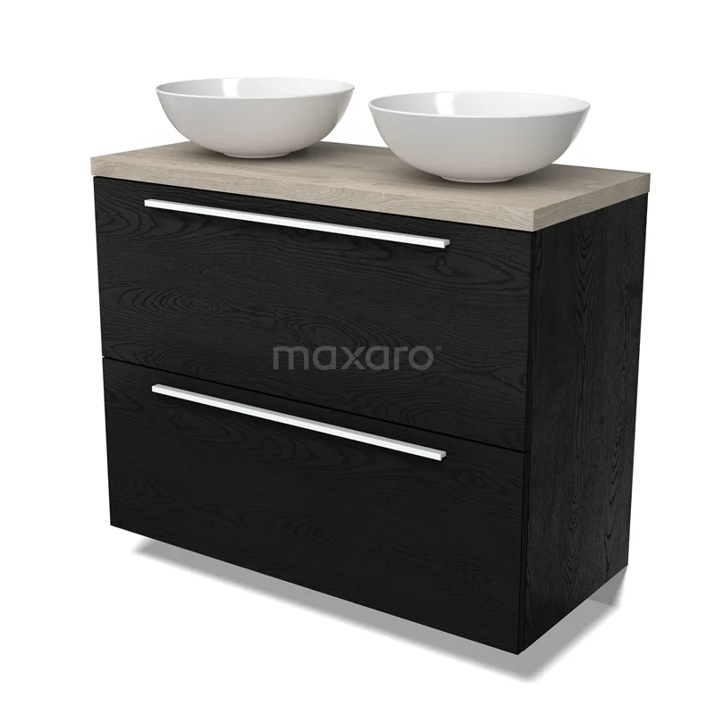 Modulo Plato Vanity units for countertop basin | 100 cm Black oak Flat front Light grey oak worktop 2 stacked drawers under each other BMK13-01123