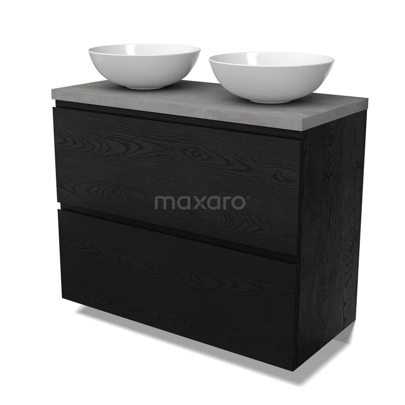 Modulo Plato Vanity units for countertop basin | 100 cm Black oak Handle-less front Light grey concrete worktop 2 stacked drawers under each other BMK13-01145