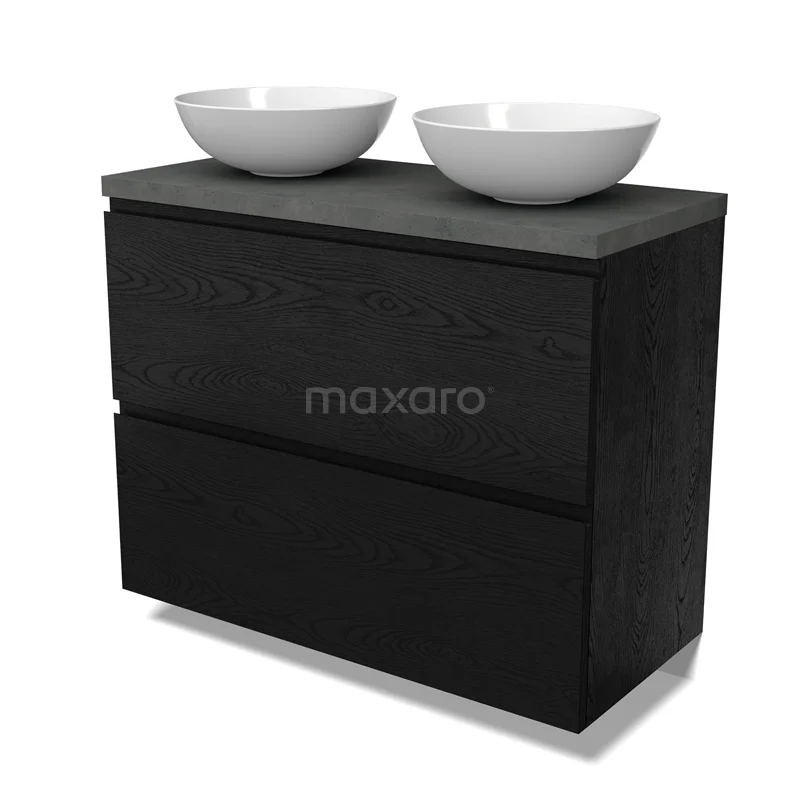 Modulo Plato Vanity units for countertop basin | 100 cm Black oak Handle-less front Dark grey concrete worktop 2 stacked drawers under each other BMK13-01146