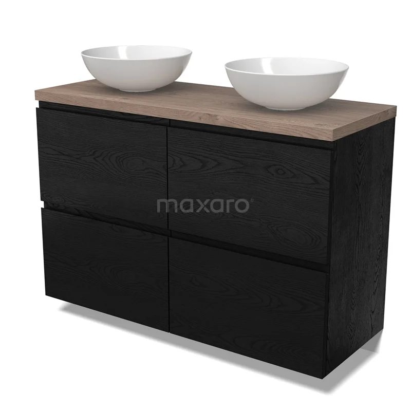 Modulo Plato Vanity units for countertop basin | 120 cm Black oak Handle-less front Mid brown oak worktop 4 high drawers BMK14-00867