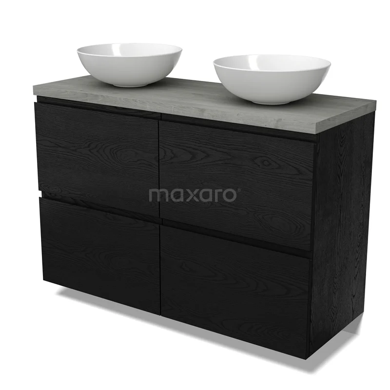 Modulo Plato Vanity units for countertop basin | 120 cm Black oak Handle-less front Grey oak worktop 4 high drawers BMK14-00869