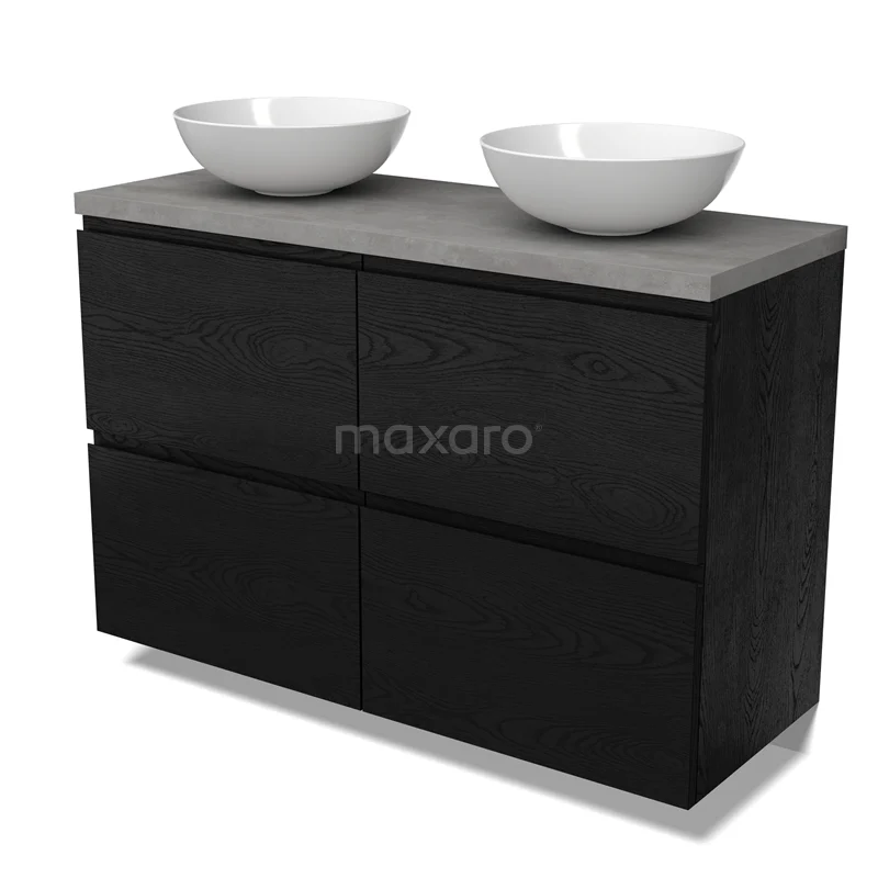 Modulo Plato Vanity units for countertop basin | 120 cm Black oak Handle-less front Light grey concrete worktop 4 high drawers BMK14-00870