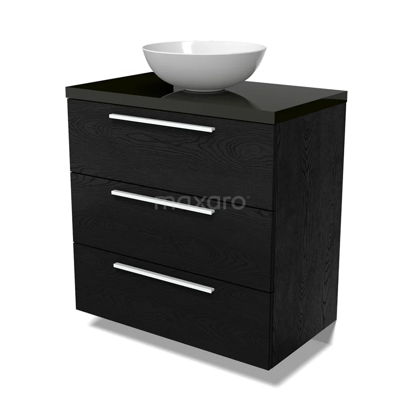 Modulo Plato Vanity units for countertop basin | 80 cm Black oak Flat front High-gloss black worktop 3 drawers BMK19-01630