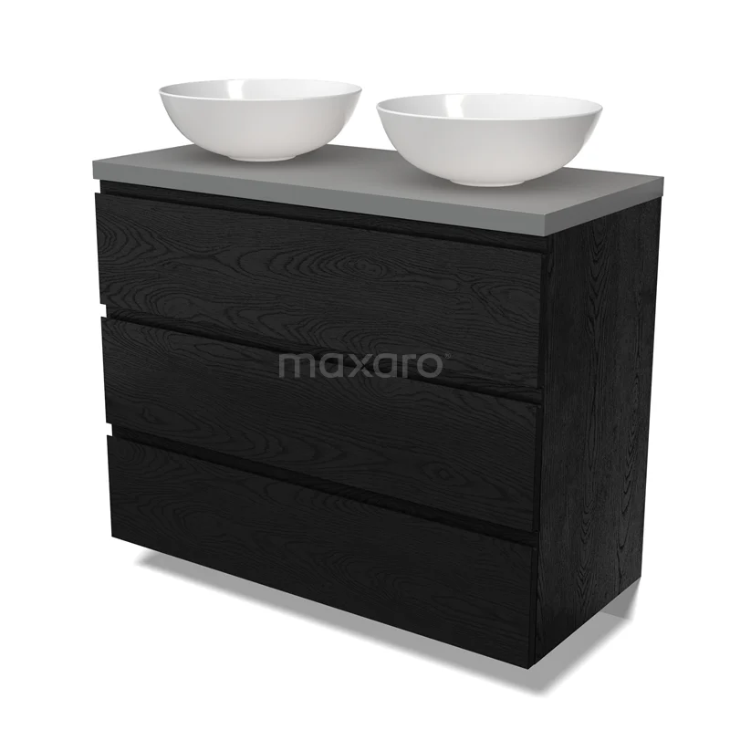 Modulo Plato Vanity units for countertop basin | 100 cm Black oak Handle-less front Mid grey worktop 3 drawers BMK19-01677