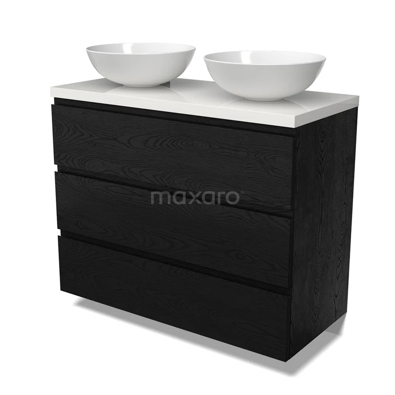 Modulo Plato Vanity units for countertop basin | 100 cm Black oak Handle-less front High-gloss white worktop 3 drawers BMK19-01678