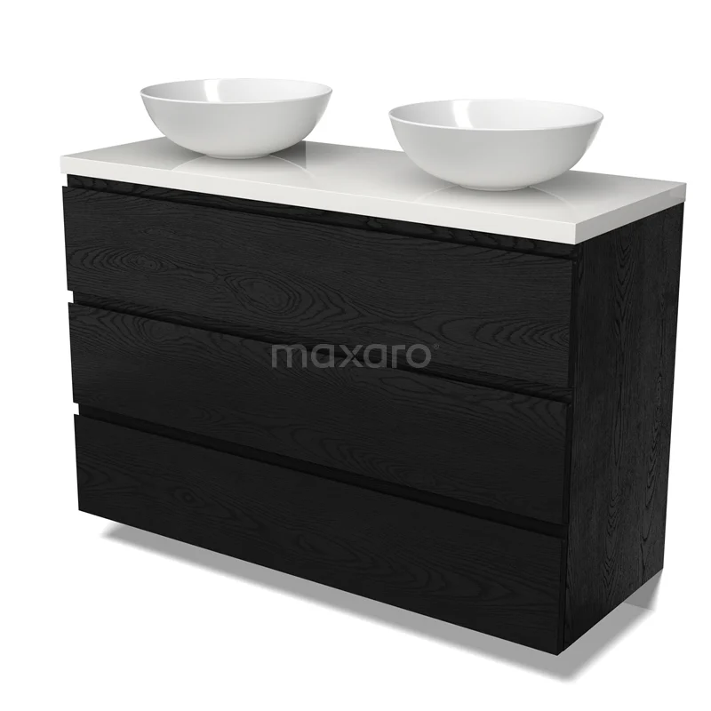 Modulo Plato Badmöbel mit Aufsatzwaschbecken | 120 cm Schwarze Eiche Grifflos front Hochglanz Weiß blatt 3 Schubladen BMK19-01712 Modulo Plato Badmöbel mit Aufsatzwaschbecken | 120 cm Schwarze Eiche Grifflos front Hochglanz Weiß blatt 3 Schubladen BMK19-01712