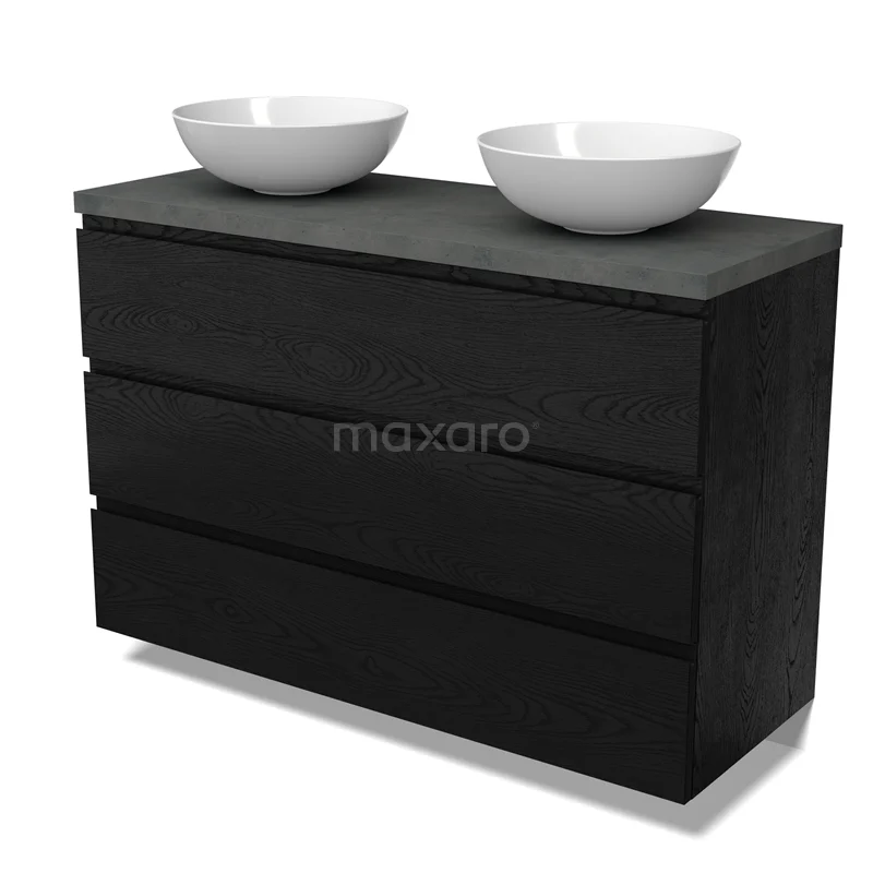 Modulo Plato Vanity units for countertop basin | 120 cm Black oak Handle-less front Dark grey concrete worktop 3 drawers BMK19-01725