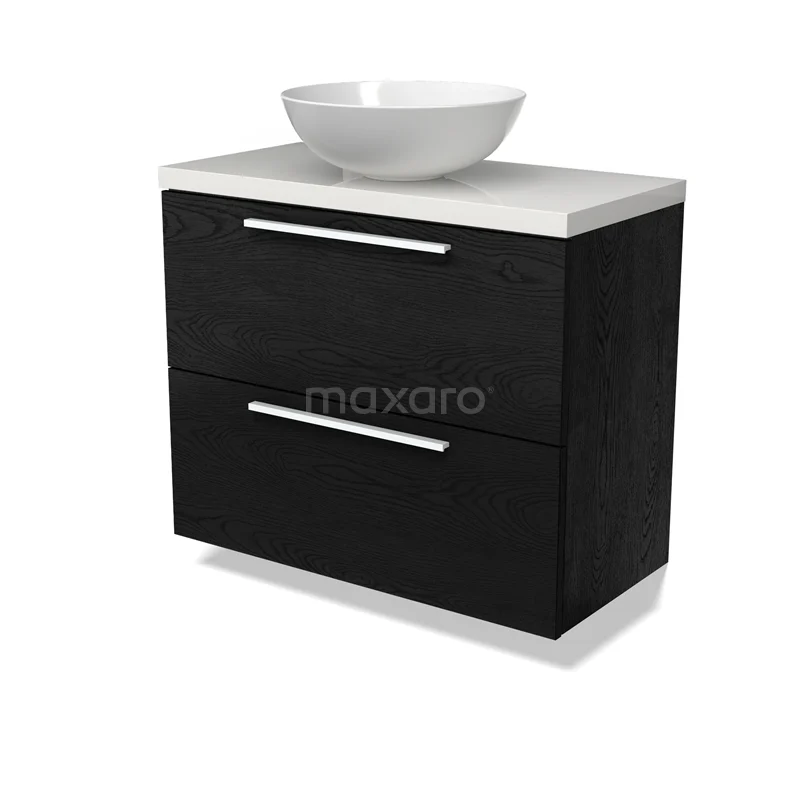 Modulo Plato Slim Vanity units for countertop basin | 80 cm Black oak Flat front High-gloss white worktop 2 Stacked drawers BMK37-02719