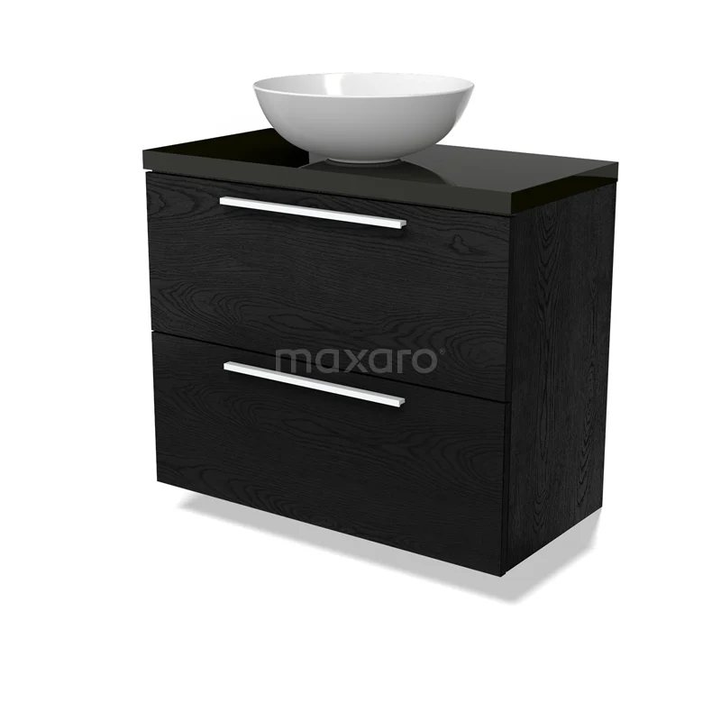 Modulo Plato Slim Vanity units for countertop basin | 80 cm Black oak Flat front High-gloss black worktop 2 Stacked drawers BMK37-02722