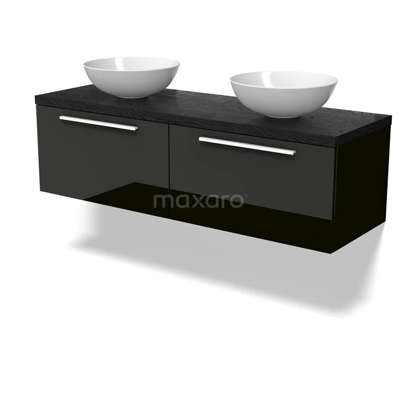 Modulo Plato Vanity units for countertop basin | 140 cm High-gloss black Flat front Black oak worktop 2 Side-by-side drawers BMK12-02046