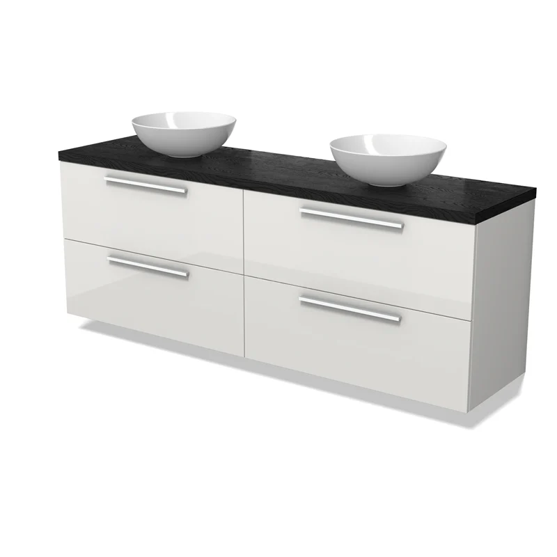 Modulo Plato Vanity units for countertop basin | 180 cm High-gloss white Flat front Black oak worktop 4 drawers BMK18-02093